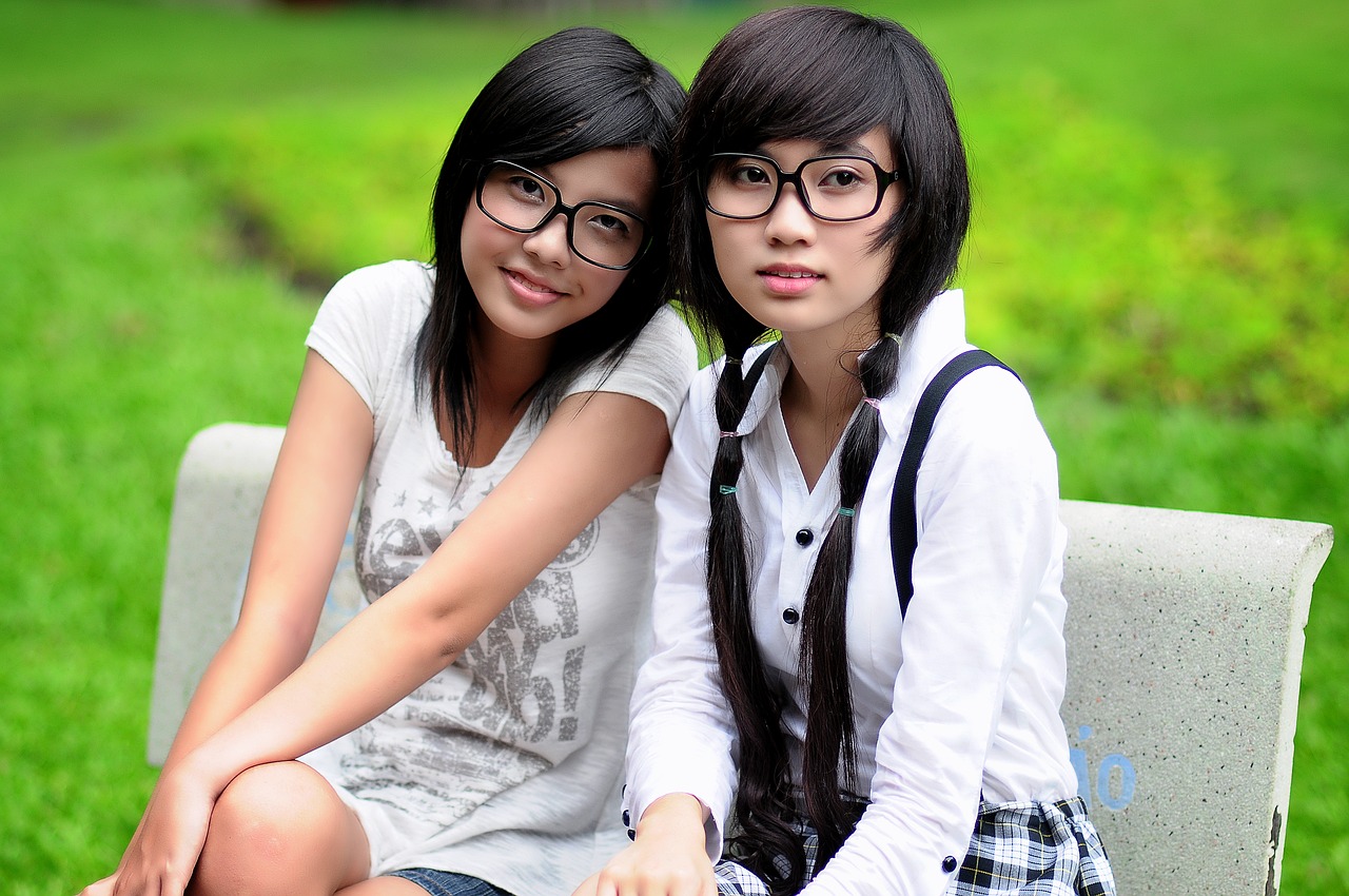Girl Student Asian Glasses Friends